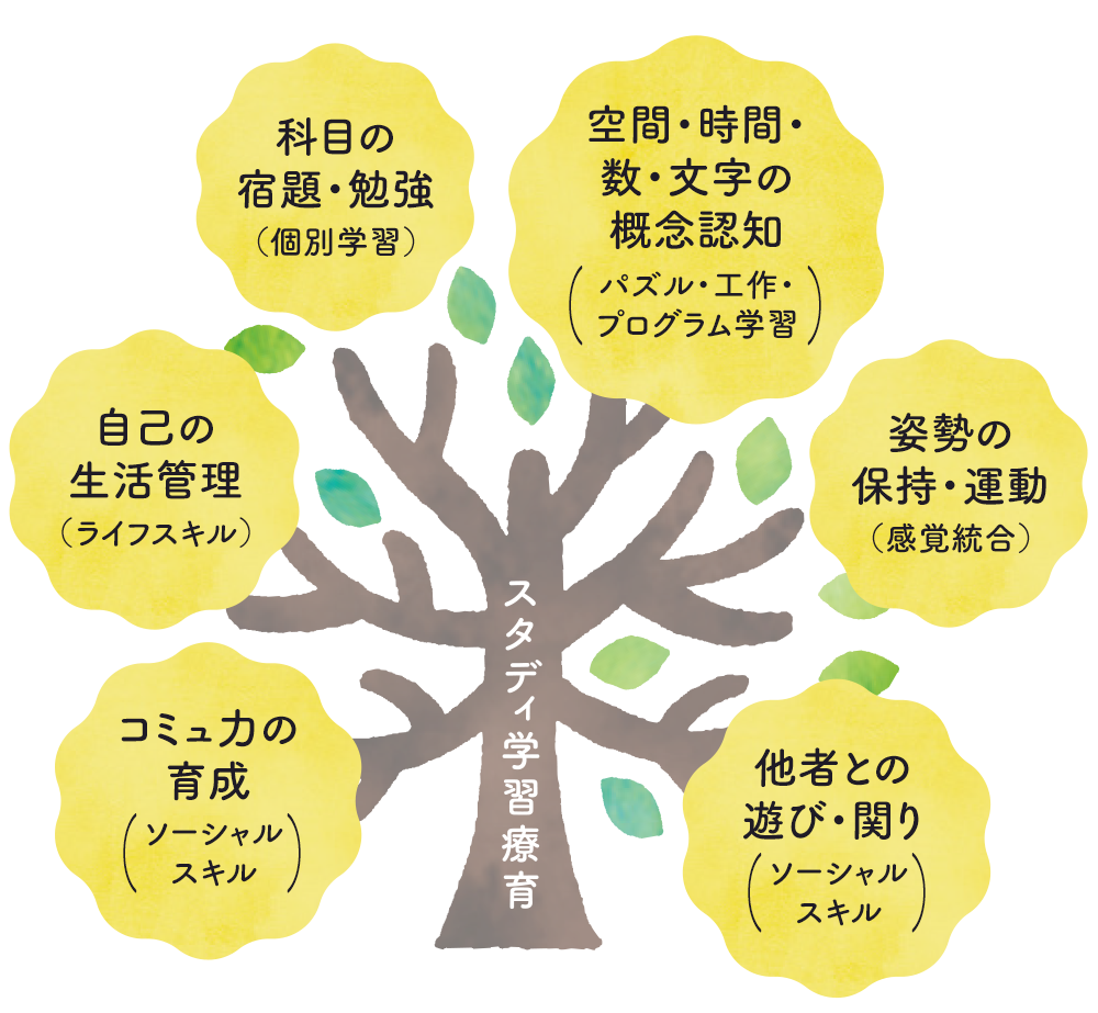 科目の宿題・勉強/空間・時間・数・文字の概念認知/自己の生活管理/姿勢の保持・運動/自己の生活管理/コミュ力の育成/他社との遊び・関り